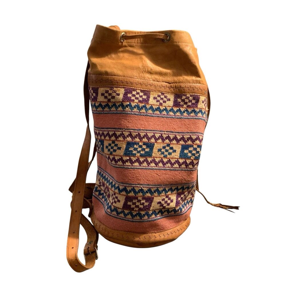 Vintage Leather Wool Kilim Drawstring Backpack Large Multi-Color Tooled Bag Boho - Picture 3 of 15